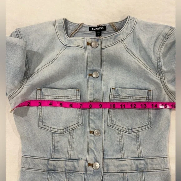 Express Light Blue Denim Padded Shoulder Button up mini dress Size S - Picture 7 of 10
